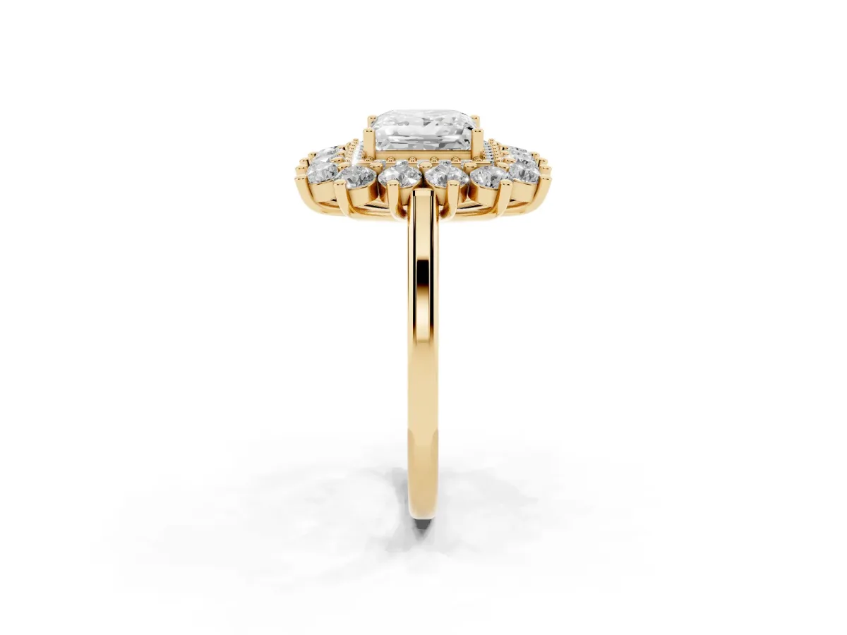 Princess Cut Diamond Floral Double Halo Engagement Ring with Prong Setting Yellow gold