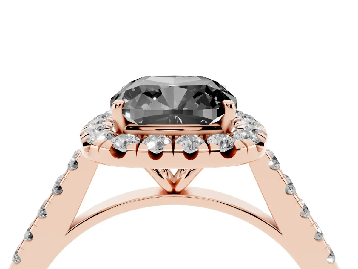 Fancy Black Cushion Cut Halo Pave Diamond Engagement Ring with Four-Prong Setting Rose gold