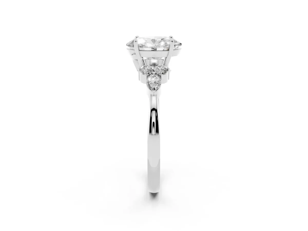 Oval Cut Brilliant Diamond Solitaire Ring with Pear Side Stones and Four-Prong Setting Silver