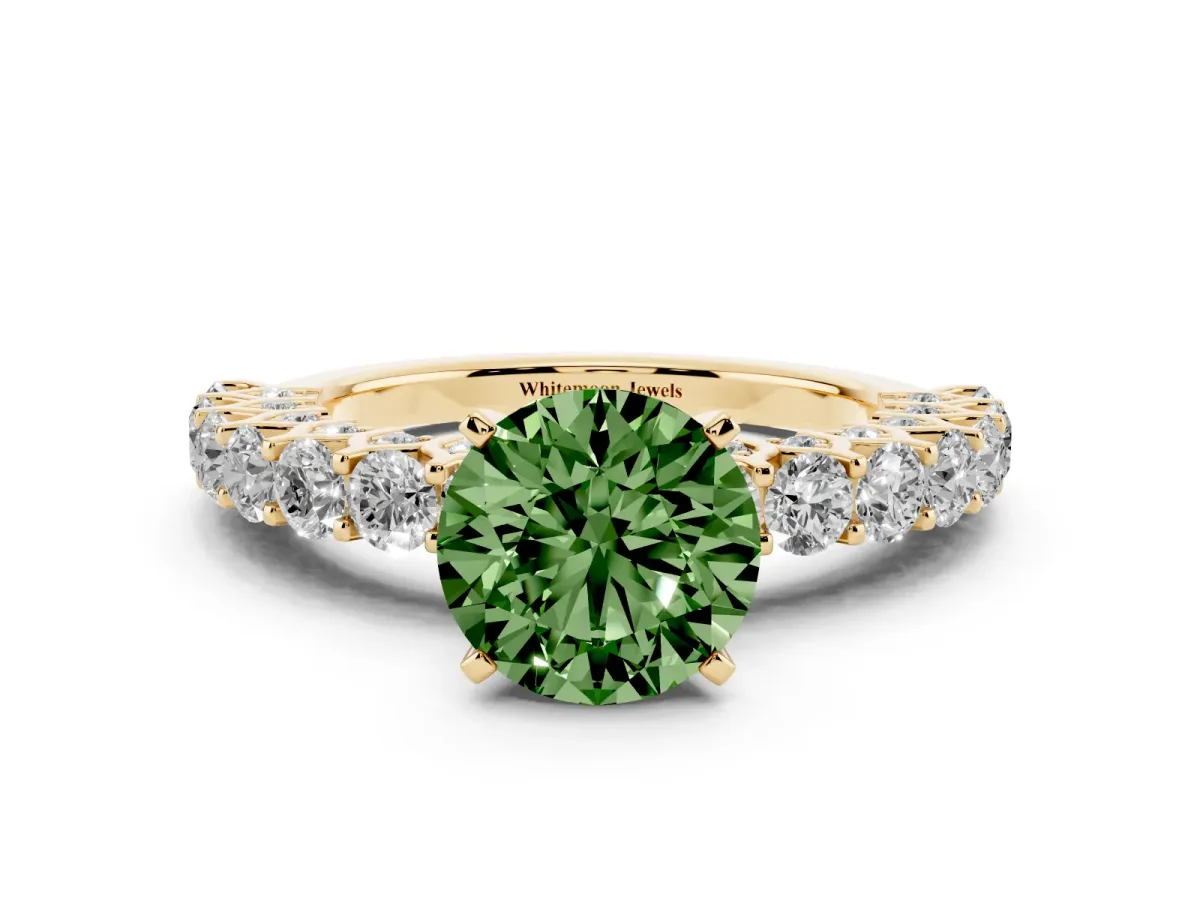 Fancy Green Round Cut Diamond Solitaire Ring with Shared Prong Pavé Band and Four-Prong Setting Yellow gold