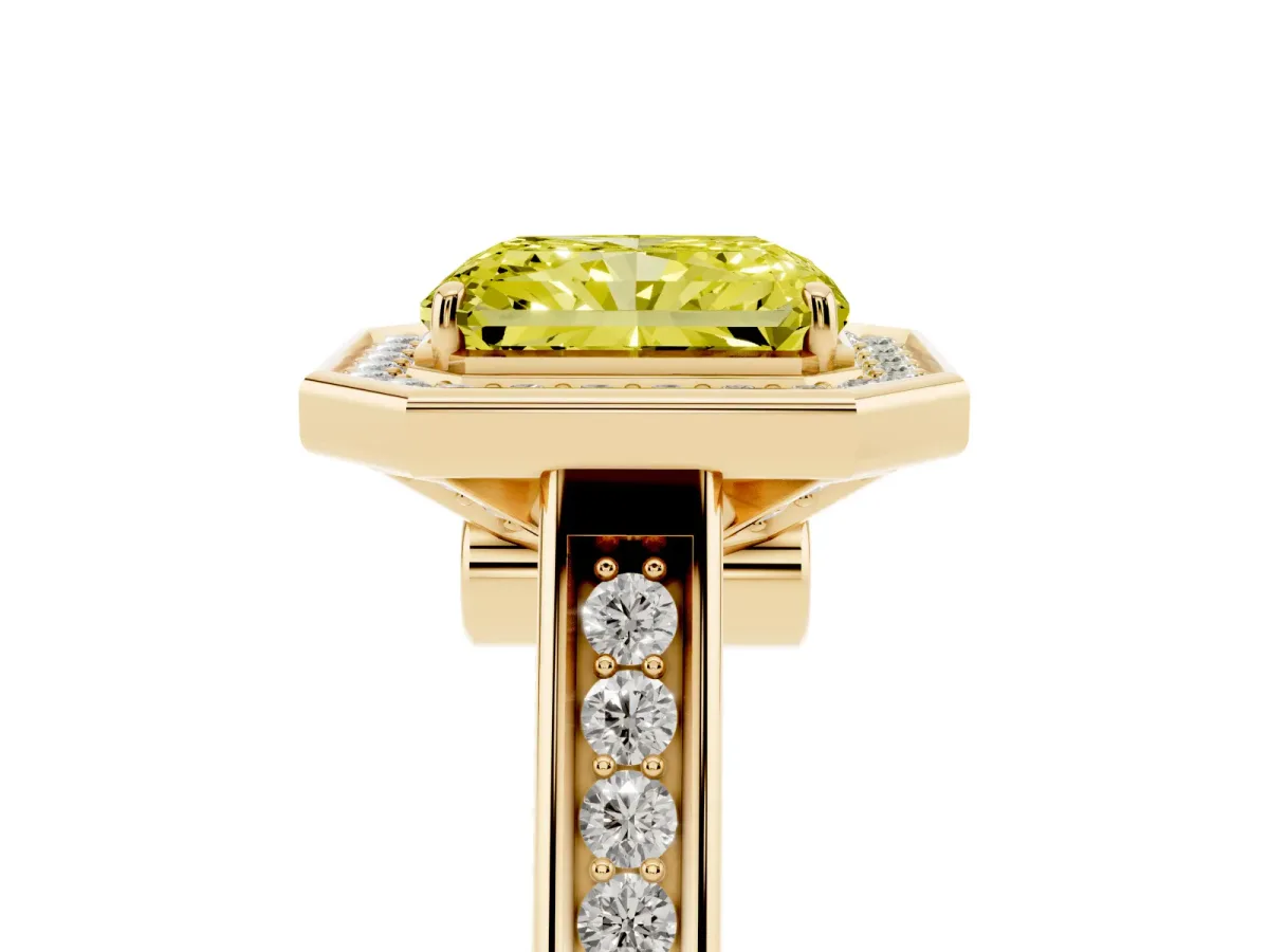 Fancy Yellow Radiant Cut Halo Solitaire Diamond Ring with Pave Band and Bezel Setting Yellow gold
