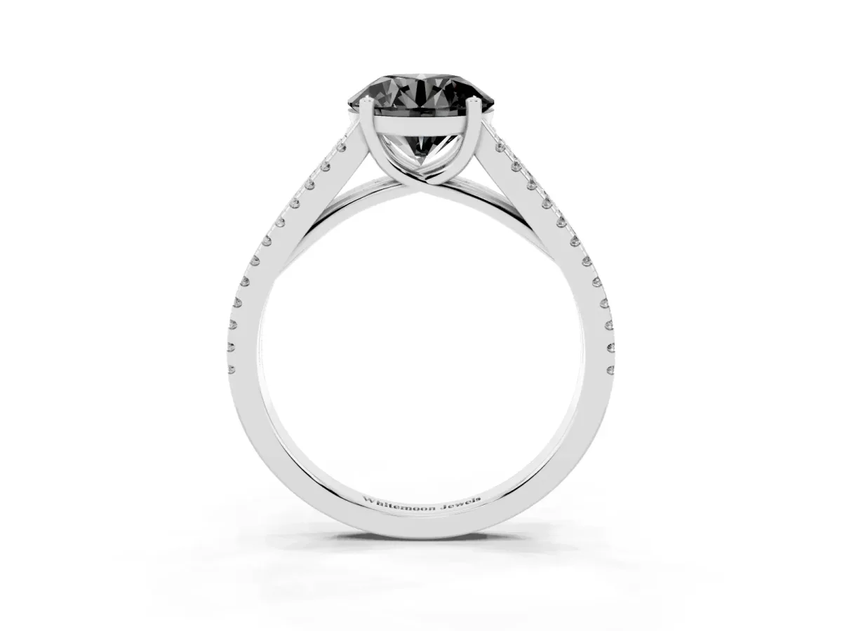 Fancy Black Round Cut Diamond Solitaire Engagement Ring with Split Shank Pavé Band Platinum