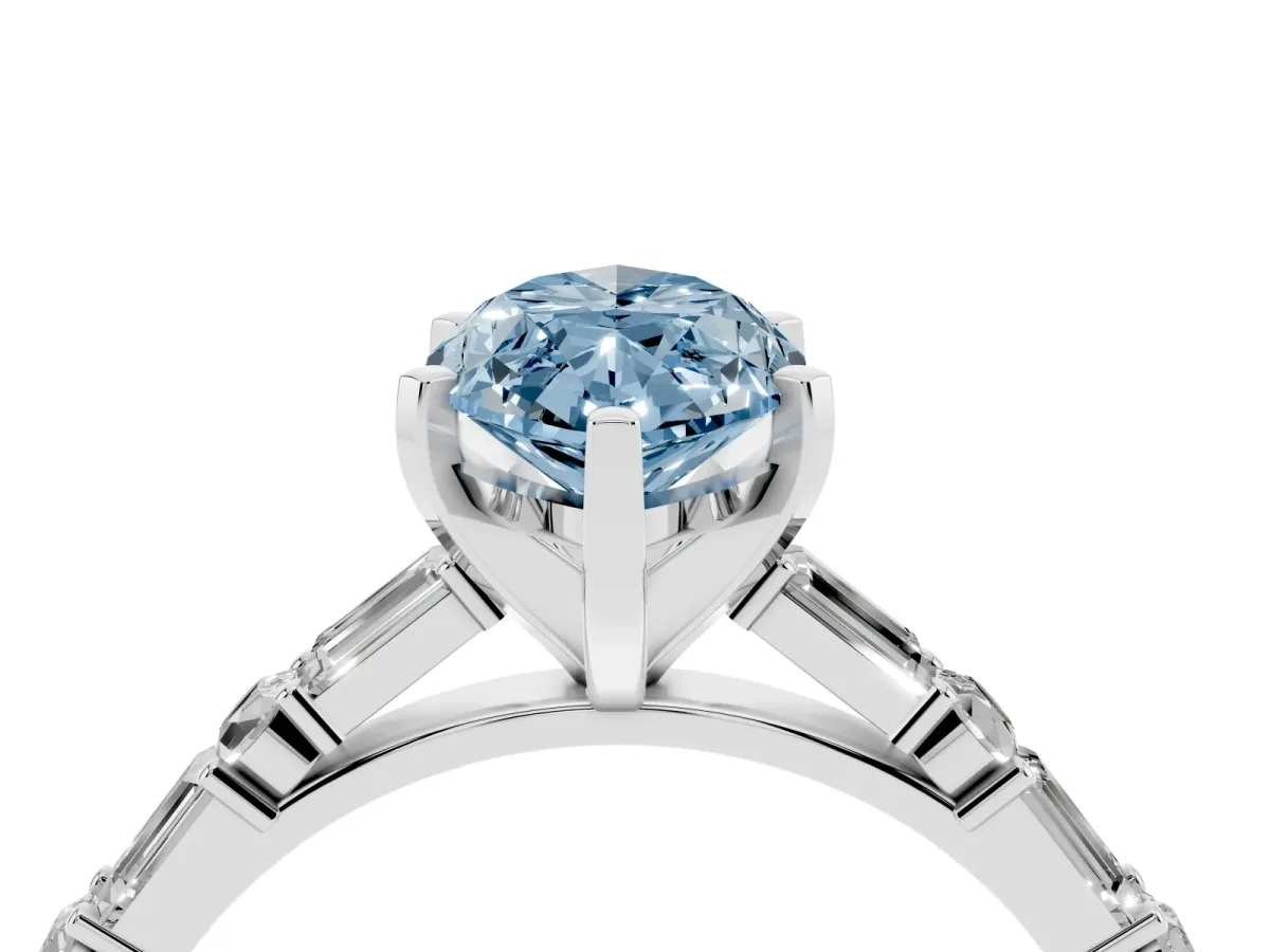 Fancy Blue Marquise Cut Diamond Solitaire with Side Baguettes and Channel Set Band Silver
