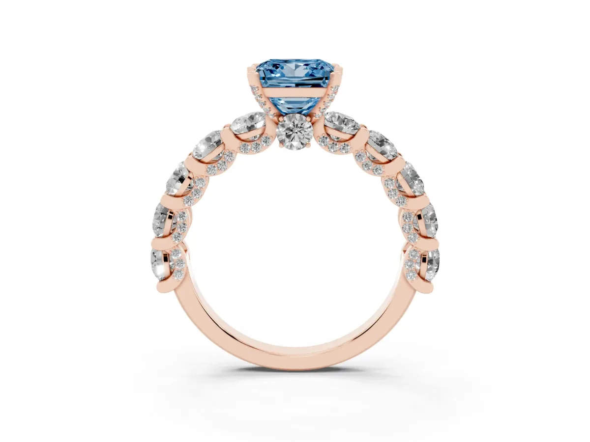 Fancy Blue Princess Cut Diamond Side Stone Engagement Ring with Four-Prong Setting Rose gold