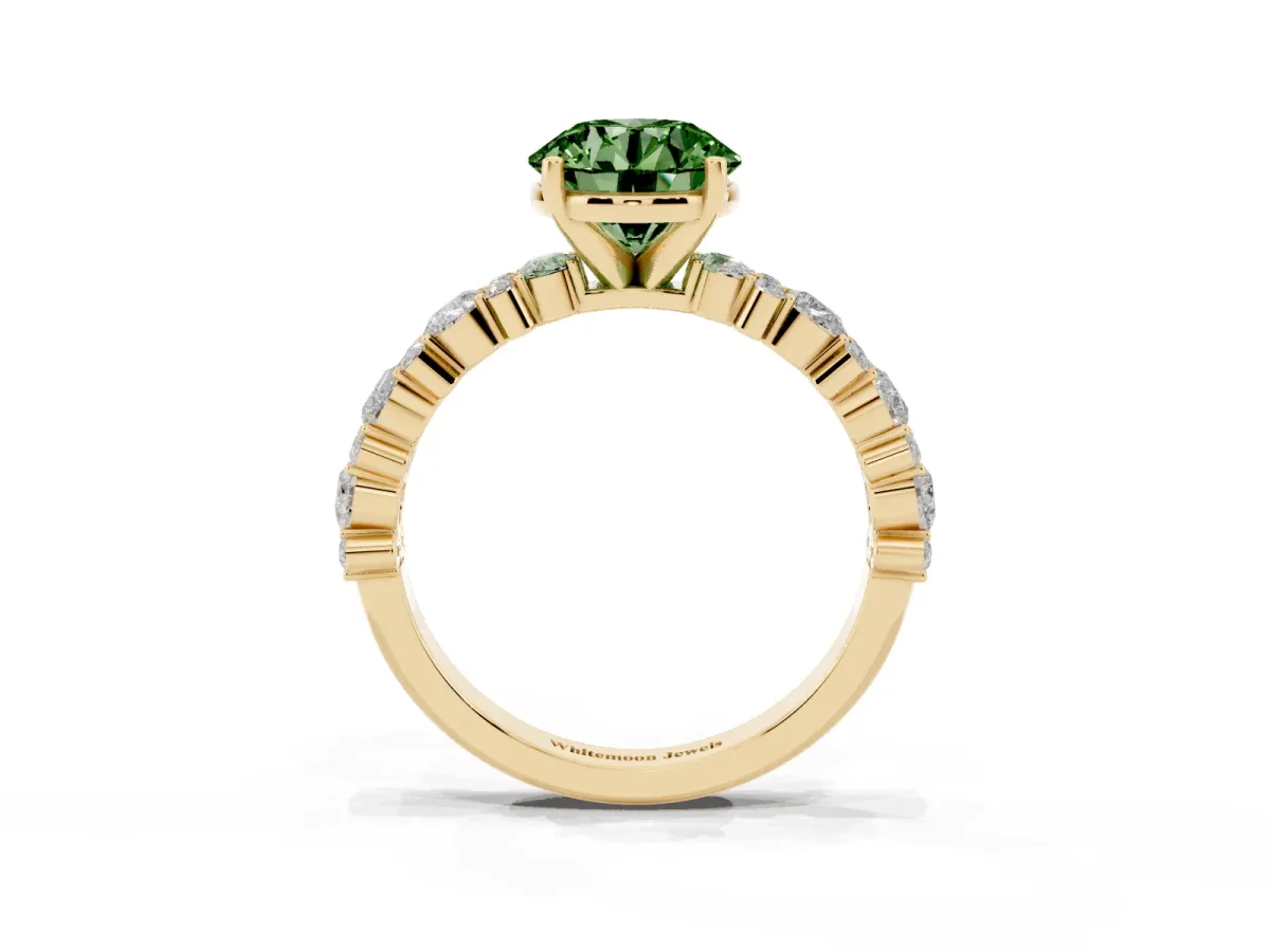 Fancy Green Round Cut Diamond Side Stone Solitaire Ring with Round and Four-Prong Setting Yellow gold