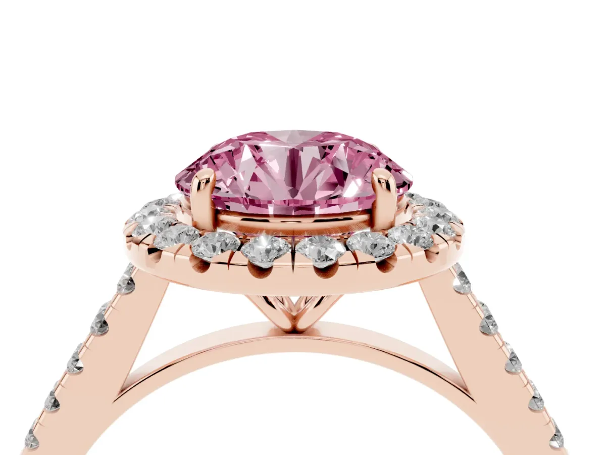 Fancy Pink Round Cut Halo Pave Diamond Engagement Ring with Four-Prong Setting Rose gold