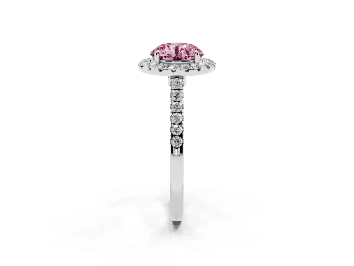 Fancy Pink Round Cut Halo Pave Diamond Engagement Ring with Four-Prong Setting Silver