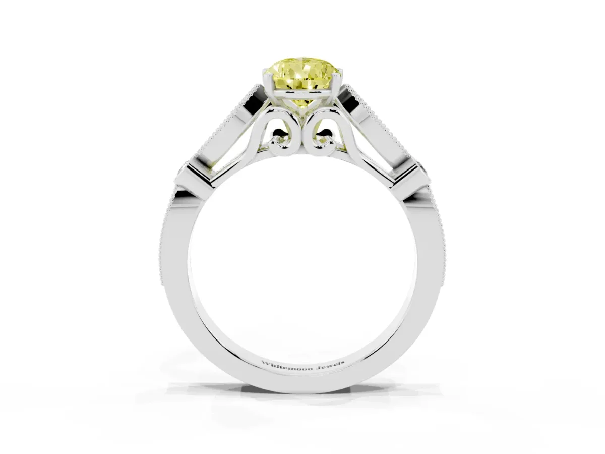 Fancy Yellow Pear Cut Cut Diamond with Milgrain Marquise and Bezel Accents on a Solitaire Band with Prong Setting Silver