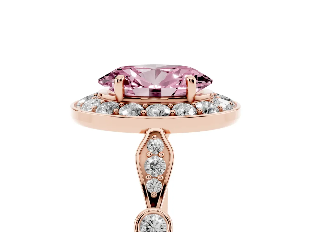 Fancy Pink Oval Cut Halo Diamond Engagement Ring with Twisted Band and Four-Prong Setting Rose gold