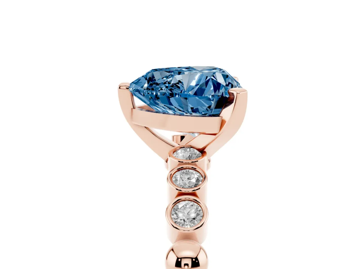 Fancy Blue Heart Cut Solitaire Bezel Accent Diamond Engagement Ring with Beaded Band and Four-Prong Setting Rose gold