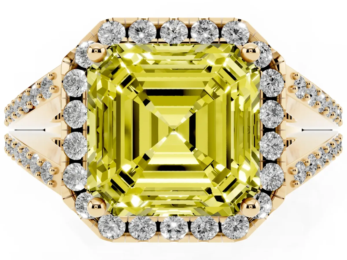 Fancy Yellow Asscher Cut Halo Split Shank Diamond Ring with Prong Setting Yellow gold