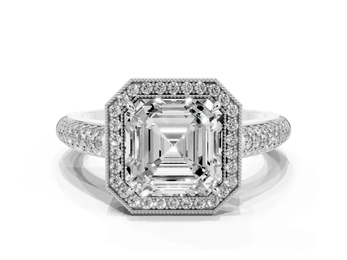 Asscher Cut Cut Halo Diamond Pave Band with Four-Prong Setting White gold