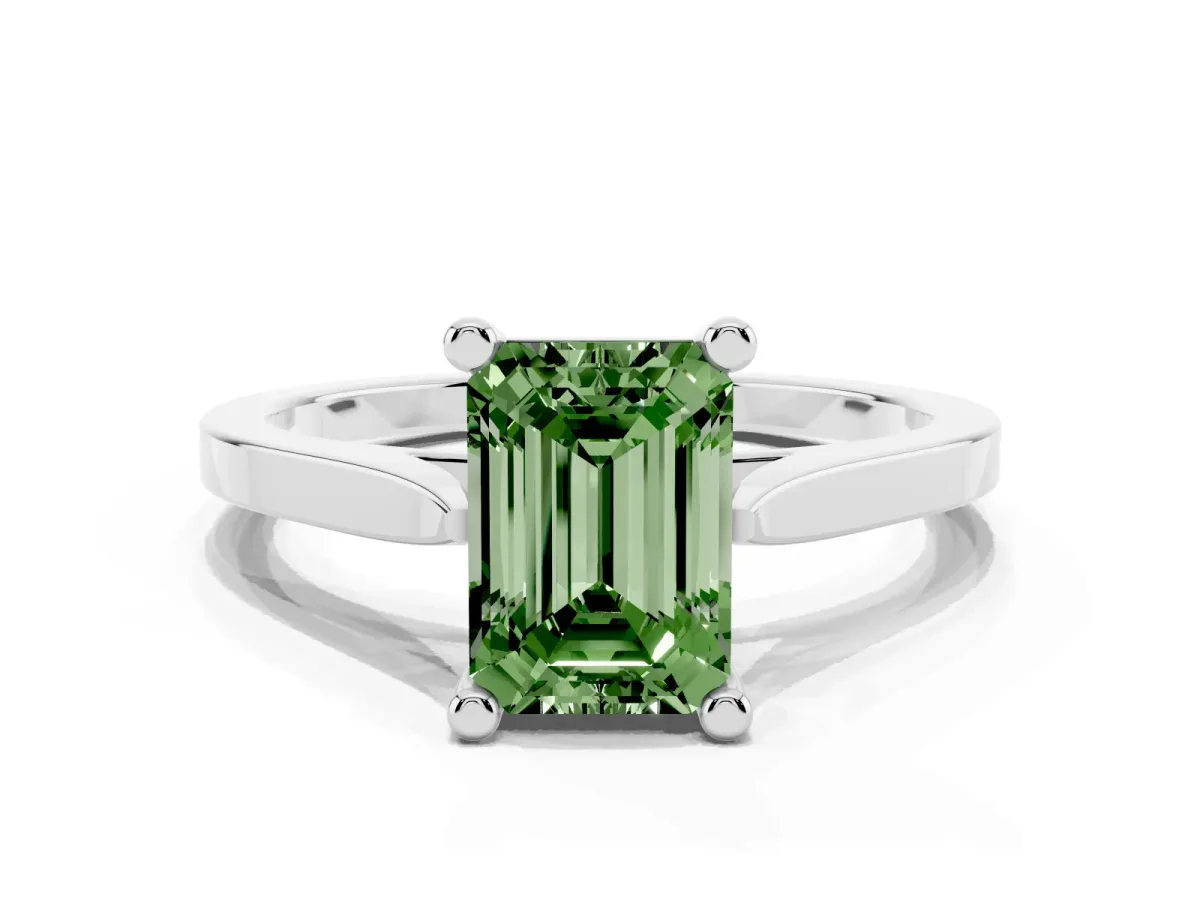 Fancy Green Emerald Cut Solitaire Diamond Ring with Four-Prong Setting and Tapered Band Silver