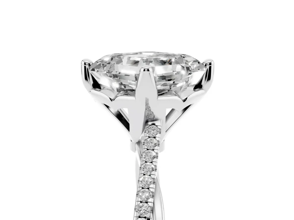 Asscher Cut Solitaire Twist Band with Pavé Diamonds and Four-Prong Setting White gold