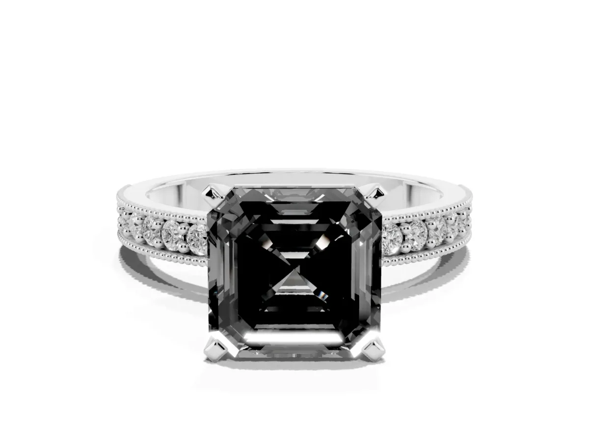 Fancy Black Asscher Cut Diamond Milgrain Pavé Engagement Ring with Four-Prong Setting Silver