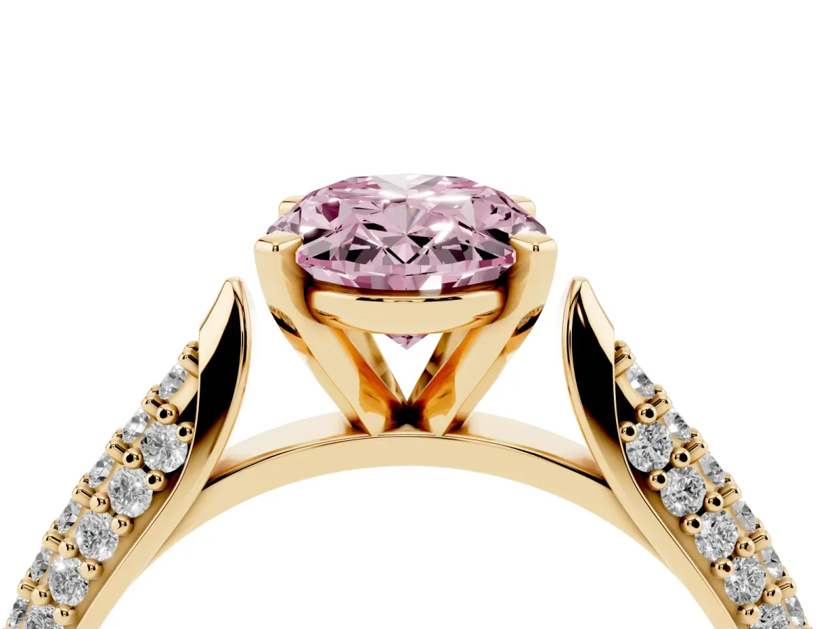 Fancy Pink Oval Cut Diamond Solitaire Engagement Ring with Multi-Row Round Pavé Band and Prong Setting Yellow gold