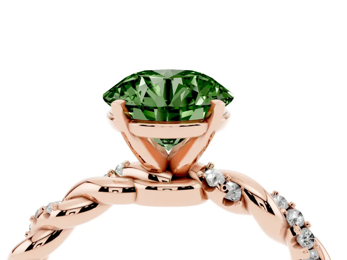 Fancy Green Round Cut Diamond Solitaire Ring with Twisted Band and Pavé Accents Rose gold