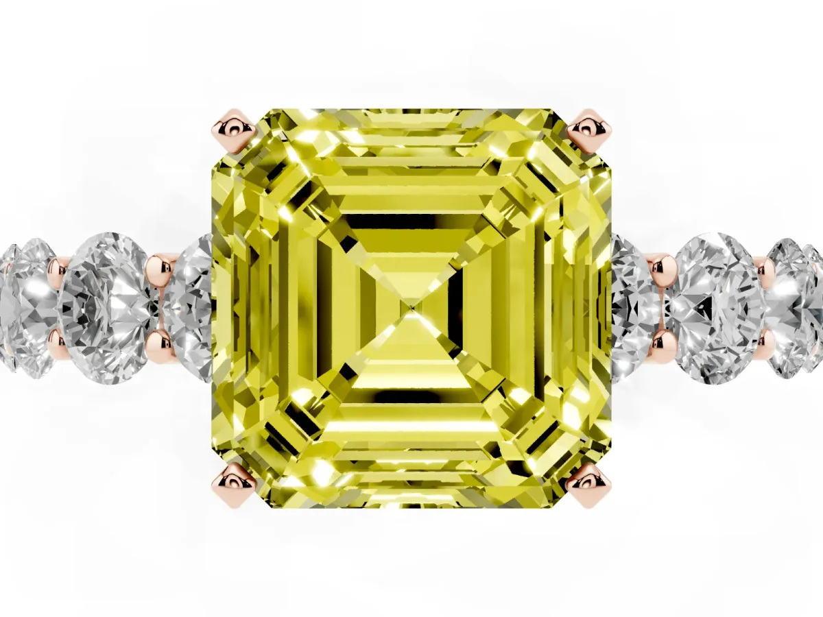 Fancy Yellow Asscher Cut Diamond Prong Setting with Side Stones on a Pave Band Rose gold