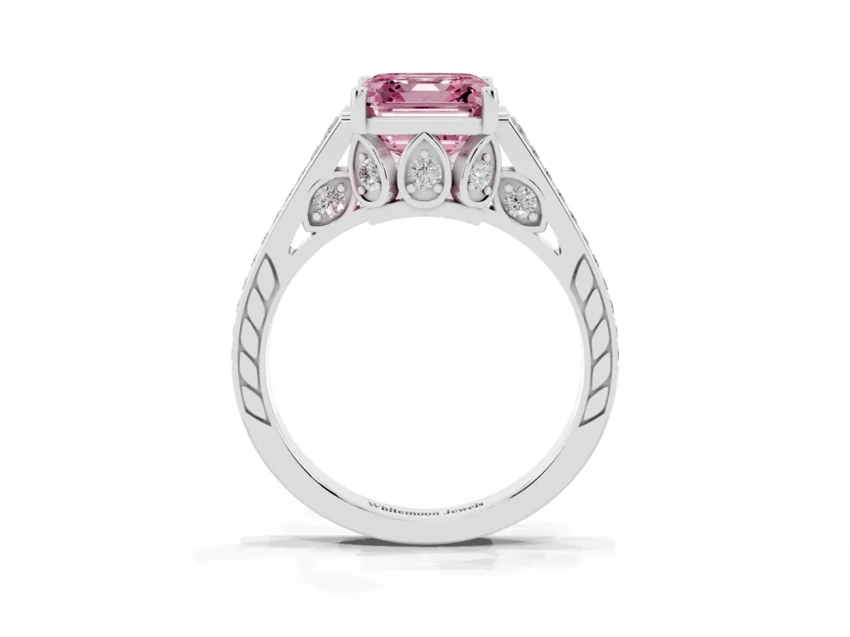 Fancy Pink Asscher Cut Cut Cathedral Pave Diamond Engagement Ring with Six-Prong Setting Silver