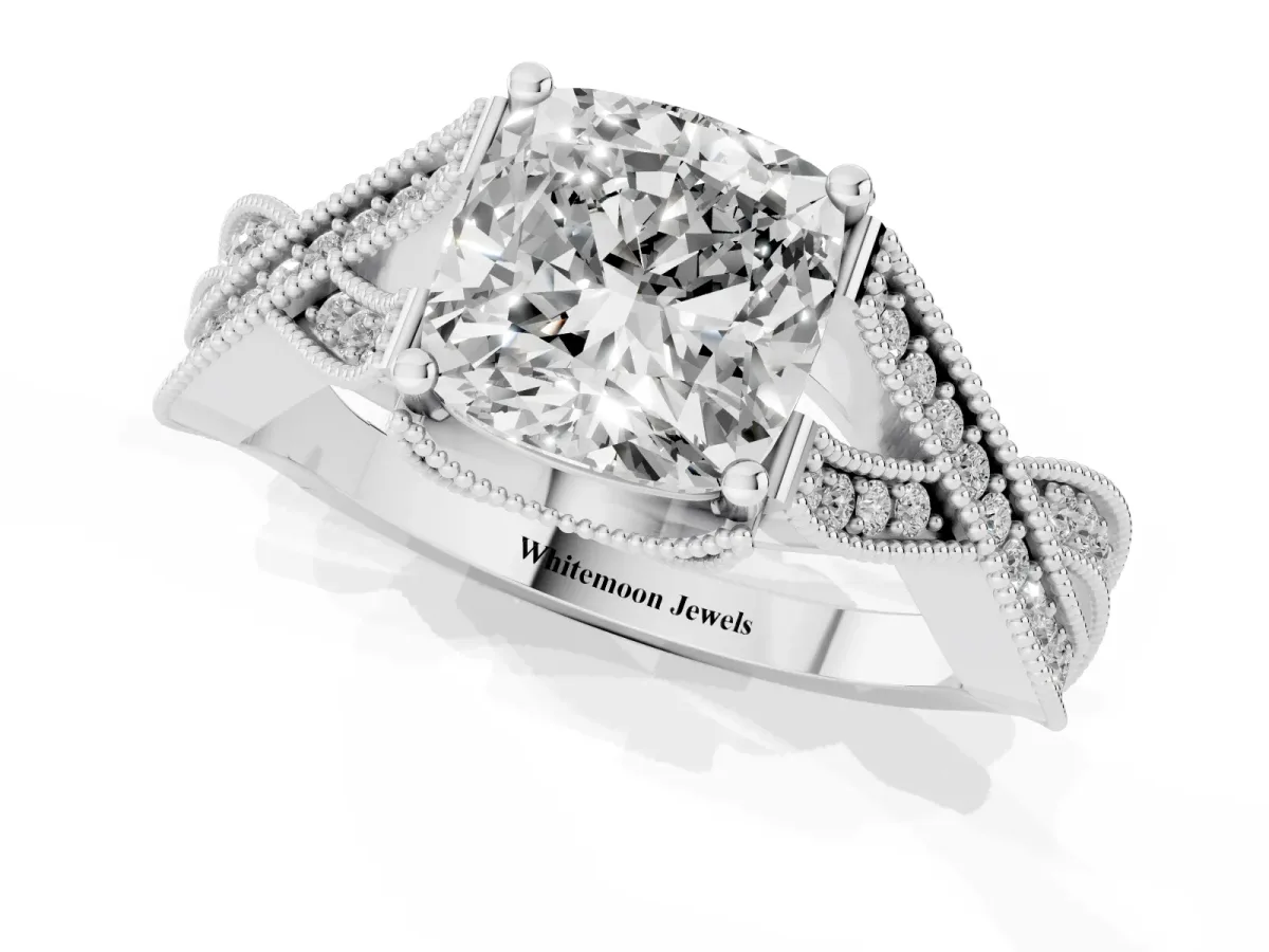 Cushion Cut Cut Diamond Twisted Band with Milgrain Pave Setting and Four-Prong Setting Silver