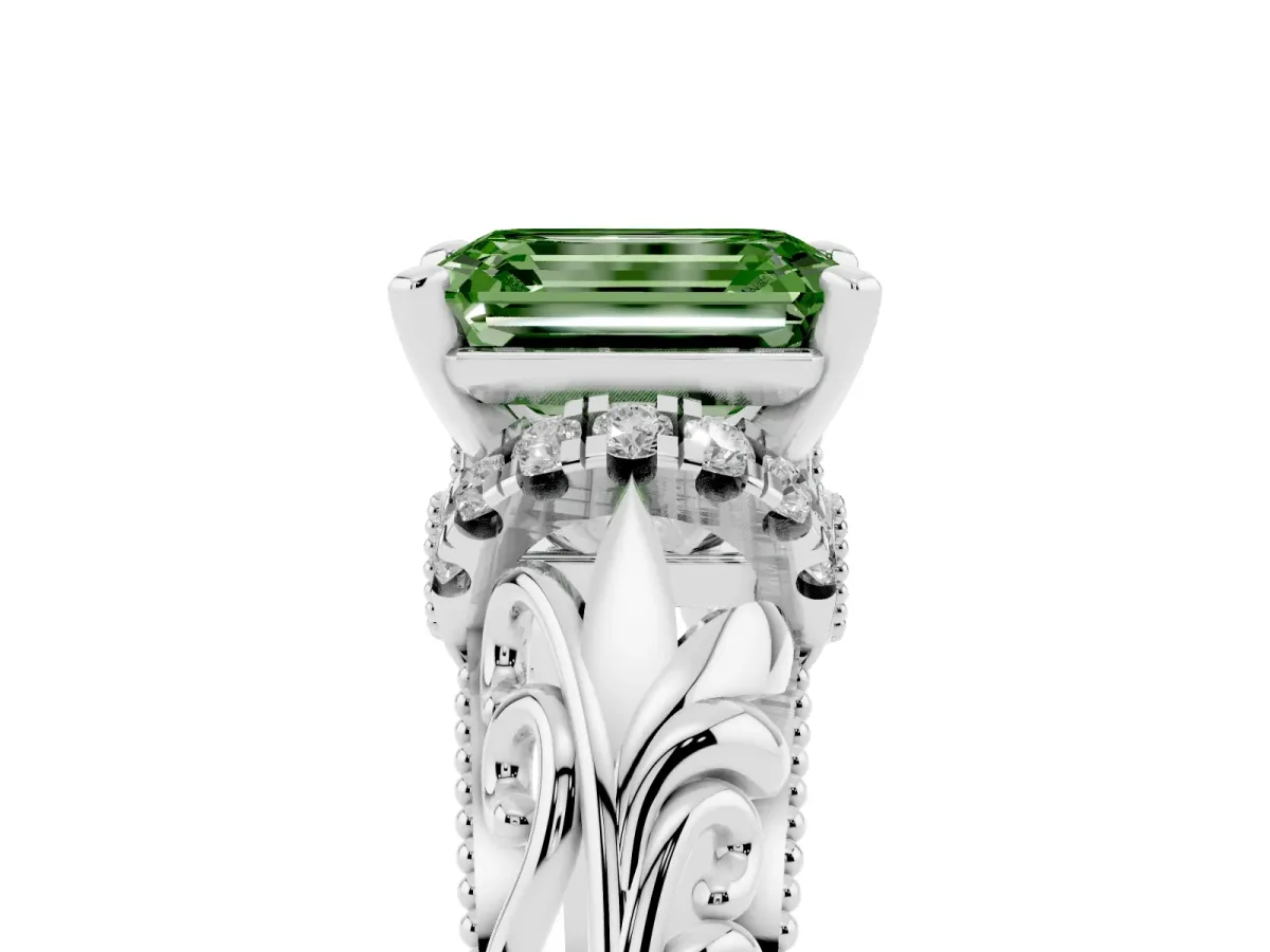 Fancy Green Emerald Cut Solitaire Filigree Engagement Ring with Halo and Prong Setting Platinum
