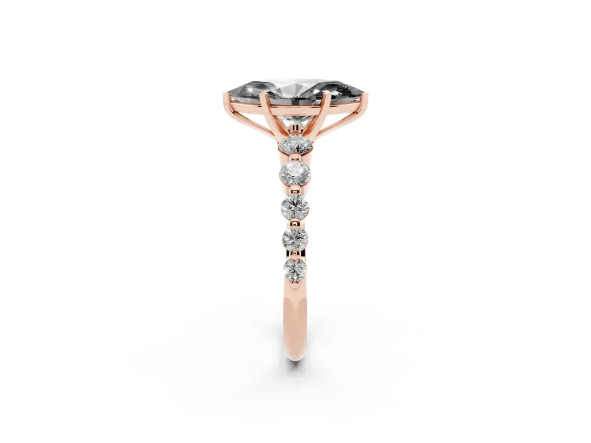 Fancy Black Marquise Cut Solitaire Diamond Ring with Pave Band and Four-Prong Setting Rose gold