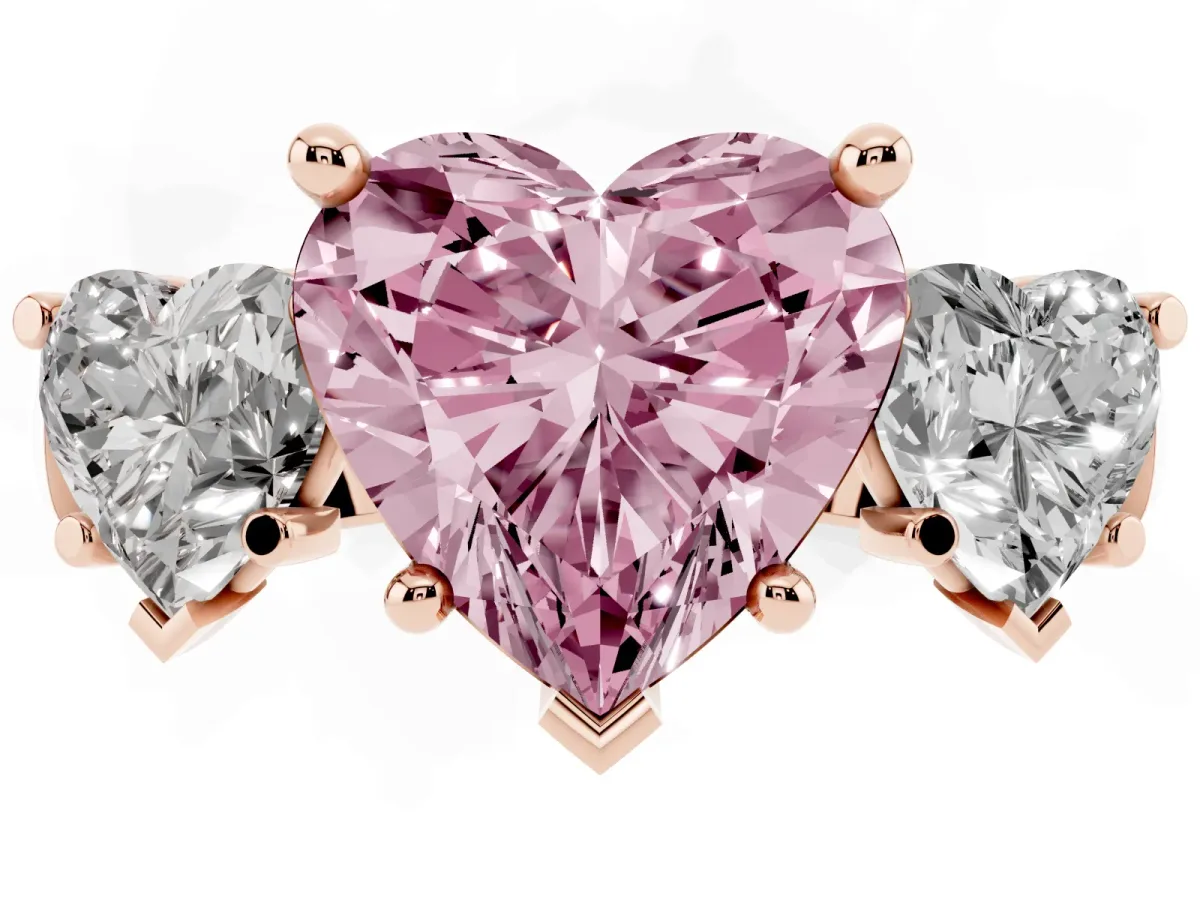 Fancy Pink Three-Stone Heart Cut Brilliant Diamond Trellis Ring with Comfort Fit Band Rose gold