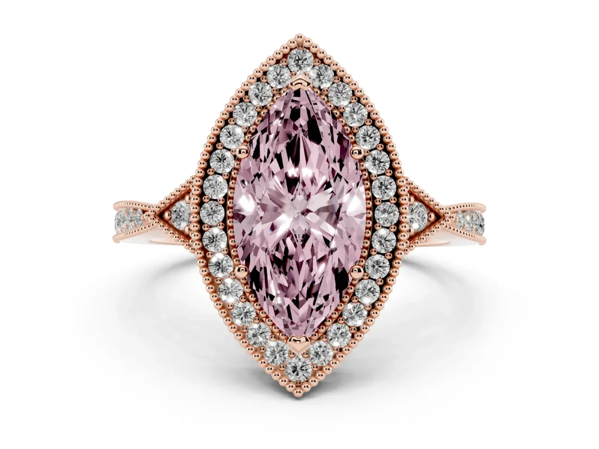 Fancy Pink Marquise Cut Halo Round Diamond Milgrain Pave Engagement Ring Rose gold
