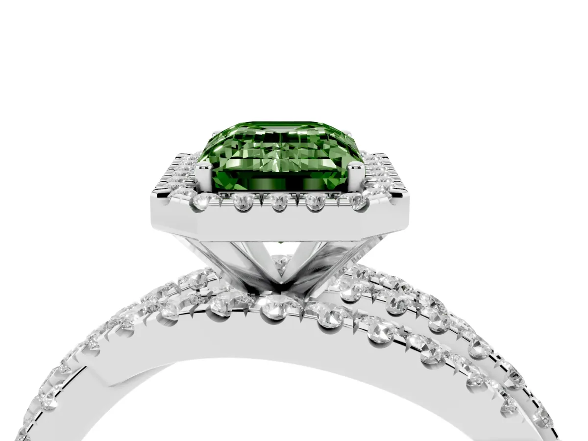 Fancy Green Emerald Cut Diamond Halo Ring with Round Split Shank and Prong Setting Silver