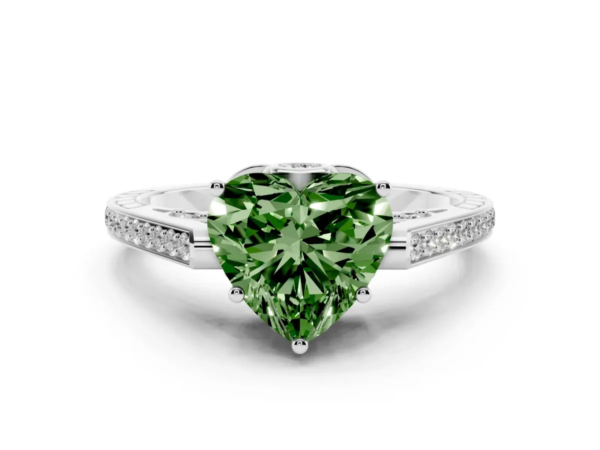 Fancy Green Heart Cut Cut Cathedral Pave Diamond Engagement Ring with Six-Prong Setting Silver
