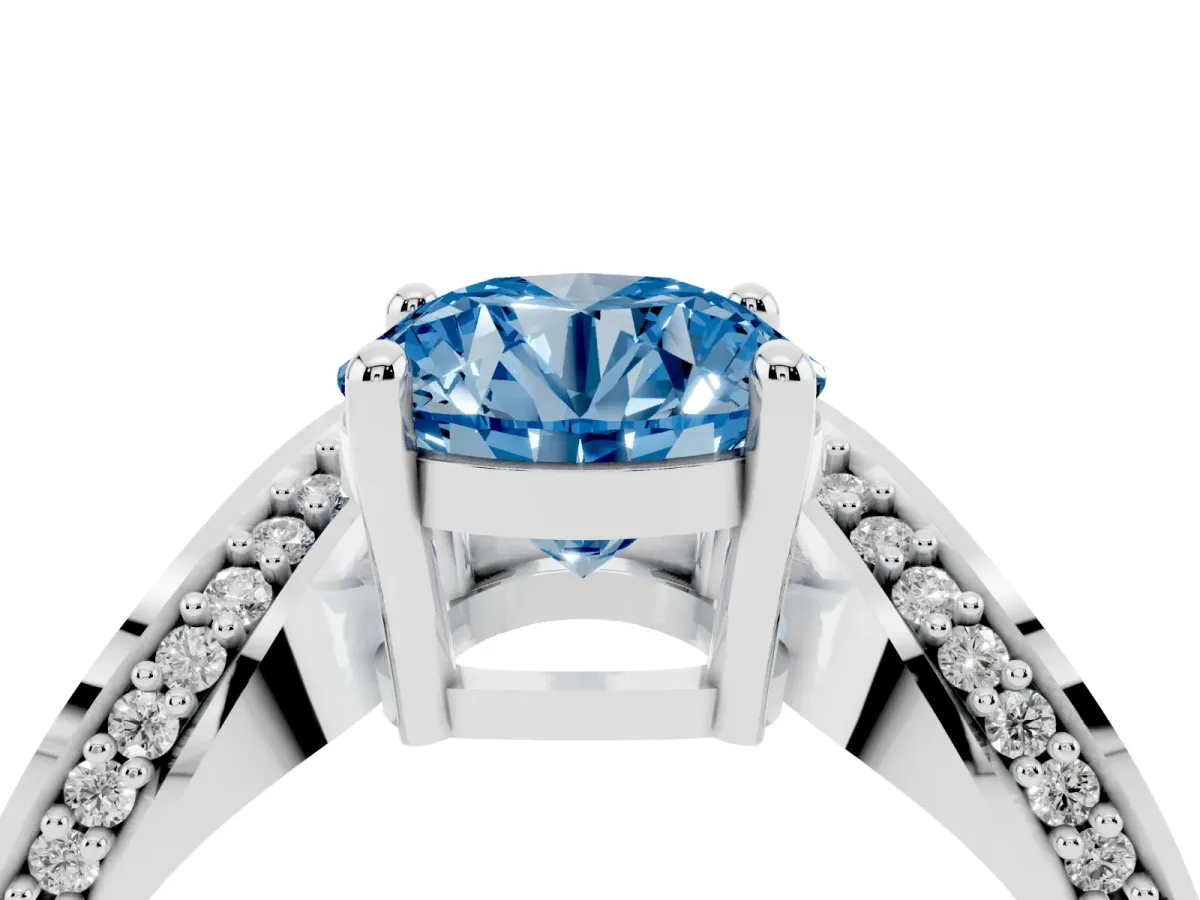 Fancy Blue Round Cut Solitaire Diamond Engagement Ring with Pave Band and Four-Prong Setting Platinum