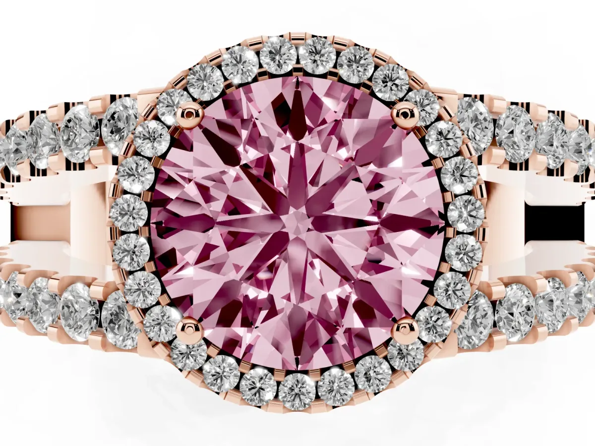 Fancy Pink Round Cut Cut Halo Split Shank Diamond Ring with Four-Prong Setting Rose gold