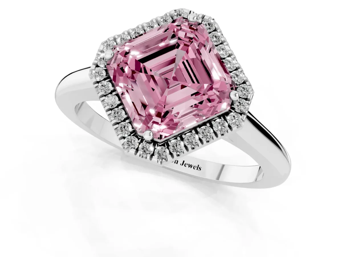 Fancy Pink Asscher Cut Halo Round Diamond Solitaire Engagement Ring with Pave Band and Four-Prong Setting Platinum
