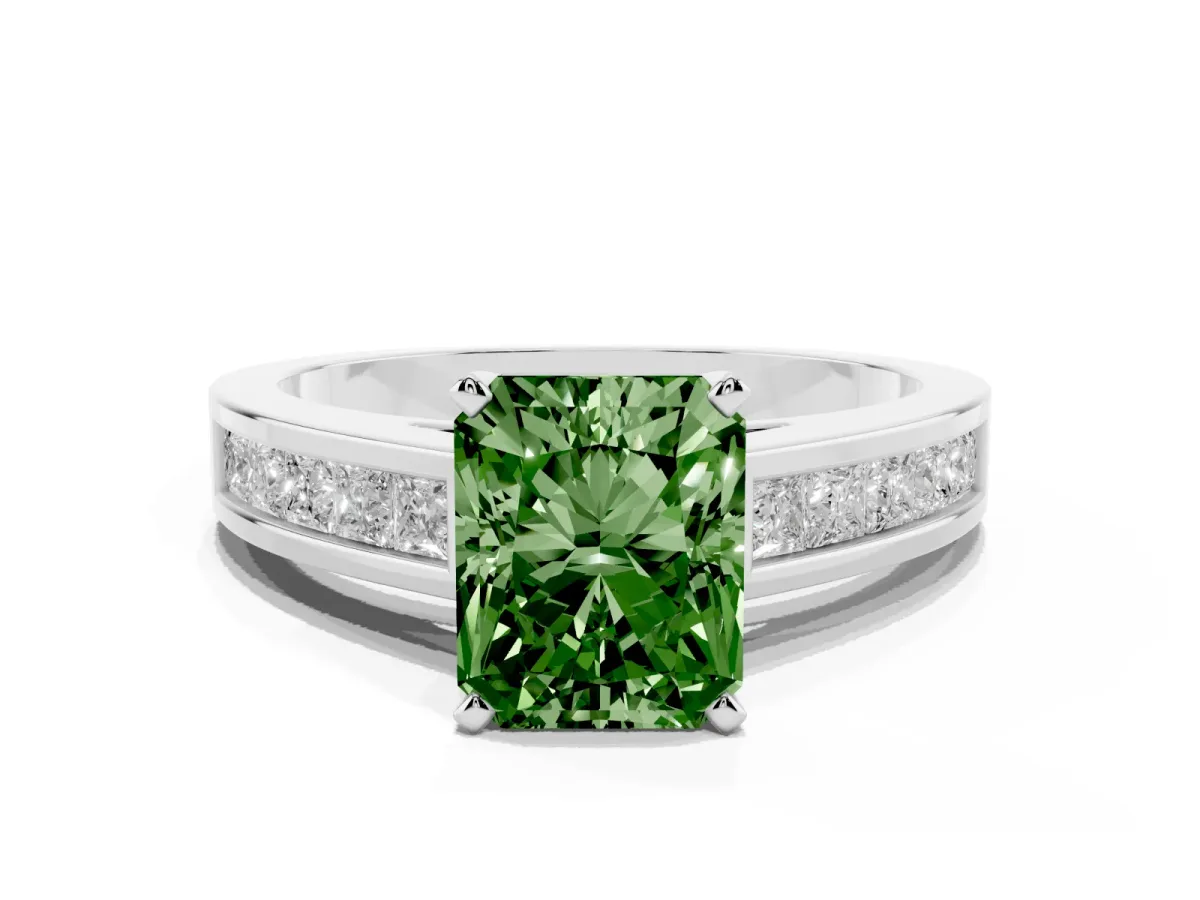 Fancy Green Radiant Cut Solitaire Diamond Ring with Channel-Set Band and Four-Prong Setting Silver