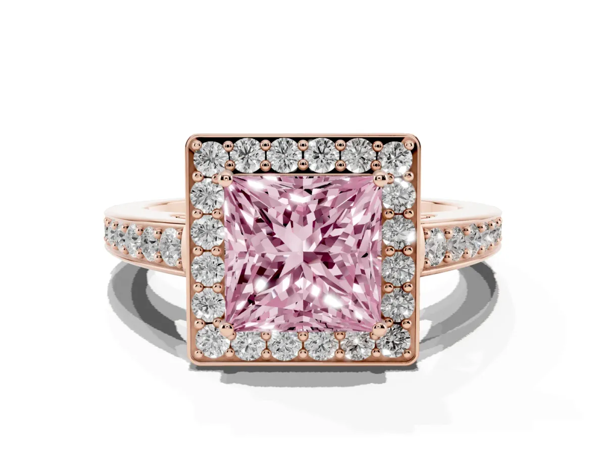 Fancy Pink Princess Cut Halo Pavé Diamond Engagement Ring with Bezel Setting Rose gold