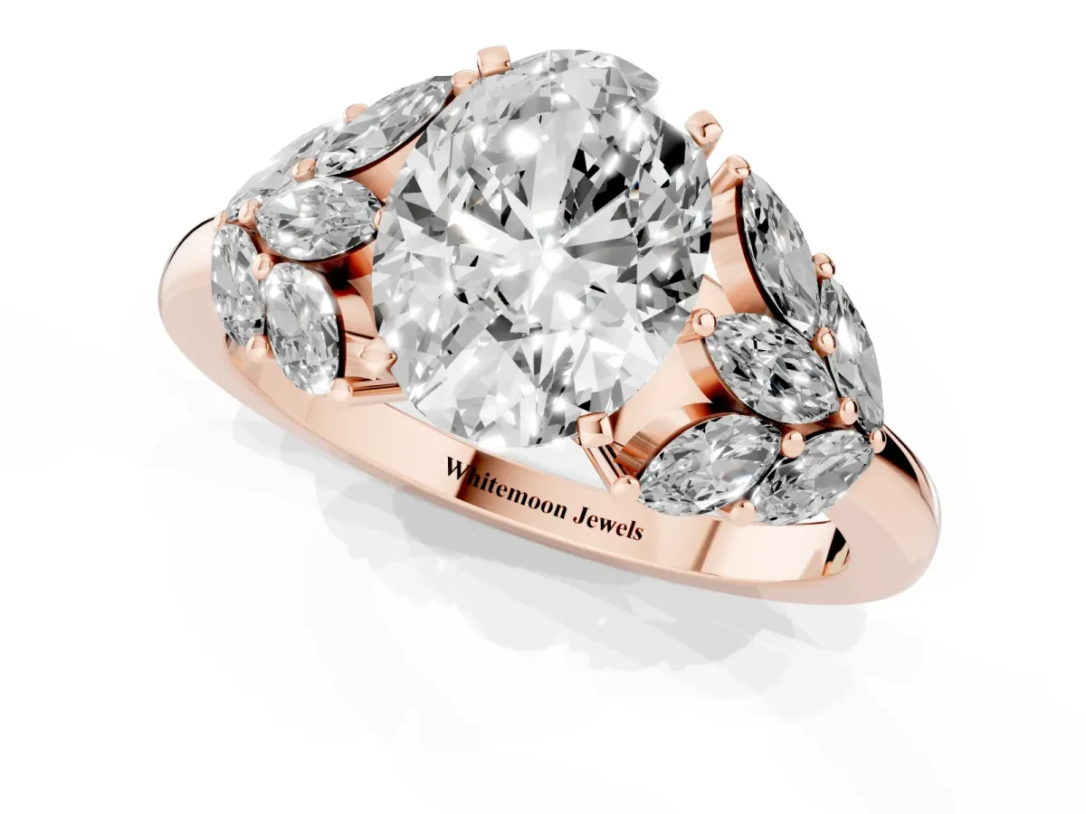 Oval Cut Diamond Cluster Leaf Design Ring with Prong Setting Rose gold