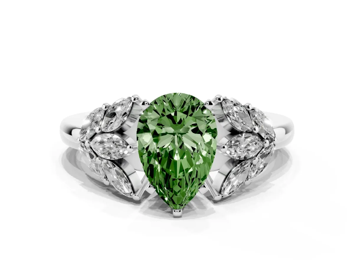 Fancy Green Pear Cut Diamond Cluster Leaf Design Ring with Prong Setting Platinum