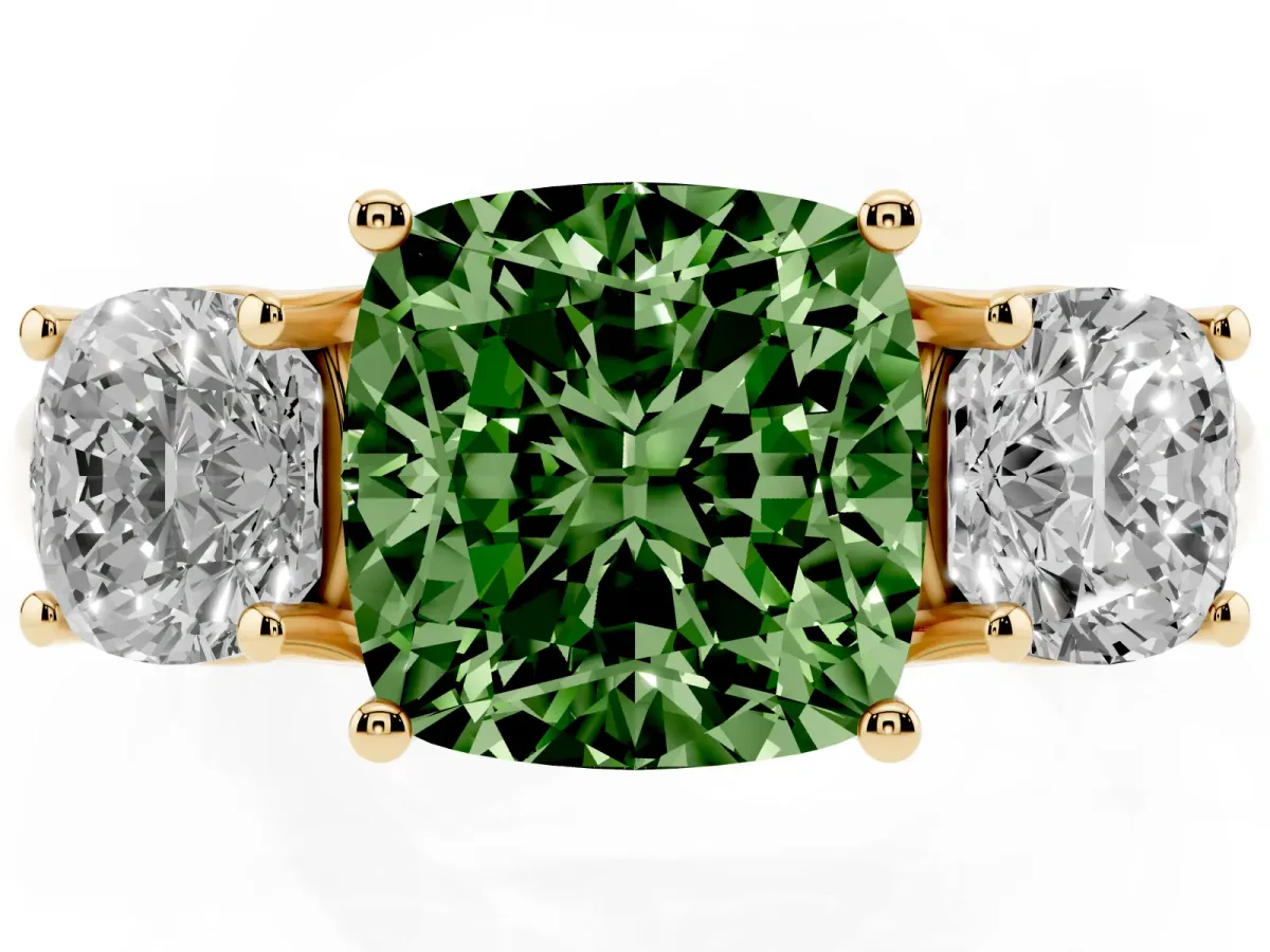 Fancy Green Three-Stone Cushion Cut Diamond Engagement Ring with Prong Setting Yellow gold