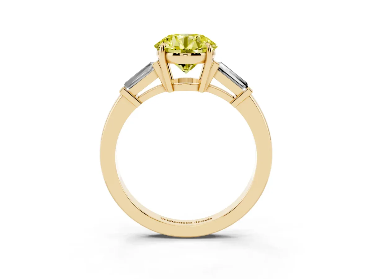 Fancy Yellow Round Cut Diamond Three-Stone Ring with Tapered Baguette Side Stones and Prong Setting Yellow gold