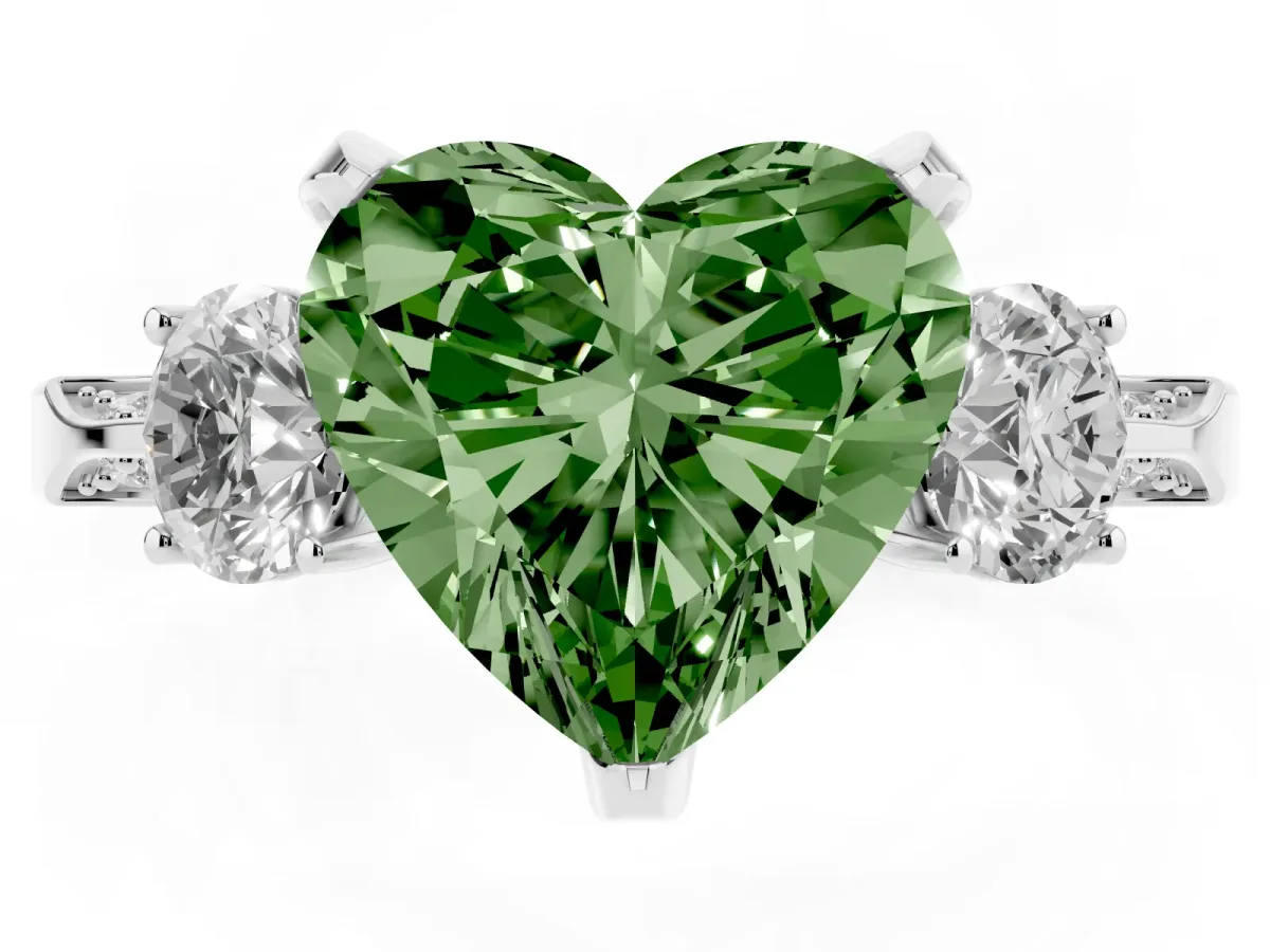 Fancy Green Heart Cut Brilliant Three-Stone Diamond Ring with Pavé Band and Four-Prong Setting Platinum