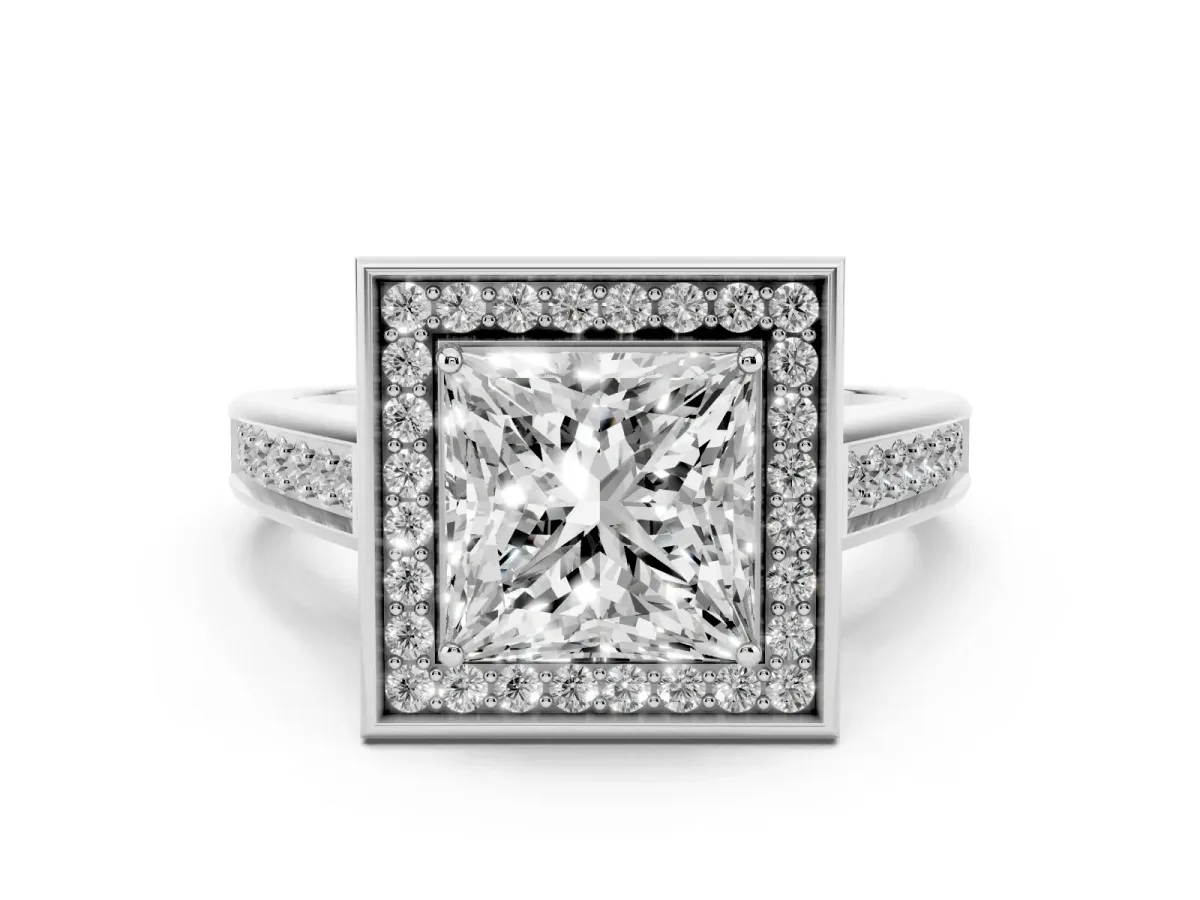 Princess Cut Halo Solitaire Diamond Ring with Pave Band and Bezel Setting Silver