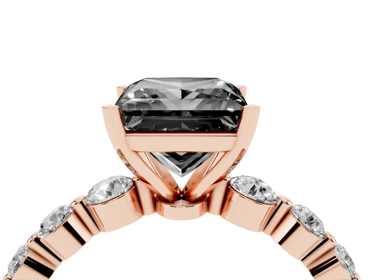 Fancy Black Princess Cut Solitaire Diamond Ring with Pave Band and Four-Prong Setting Rose gold