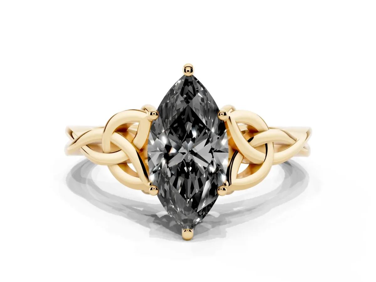 Fancy Black Marquise Cut Diamond Solitaire Engagement Ring with Celtic Knot Band and Four-Prong Setting Yellow gold