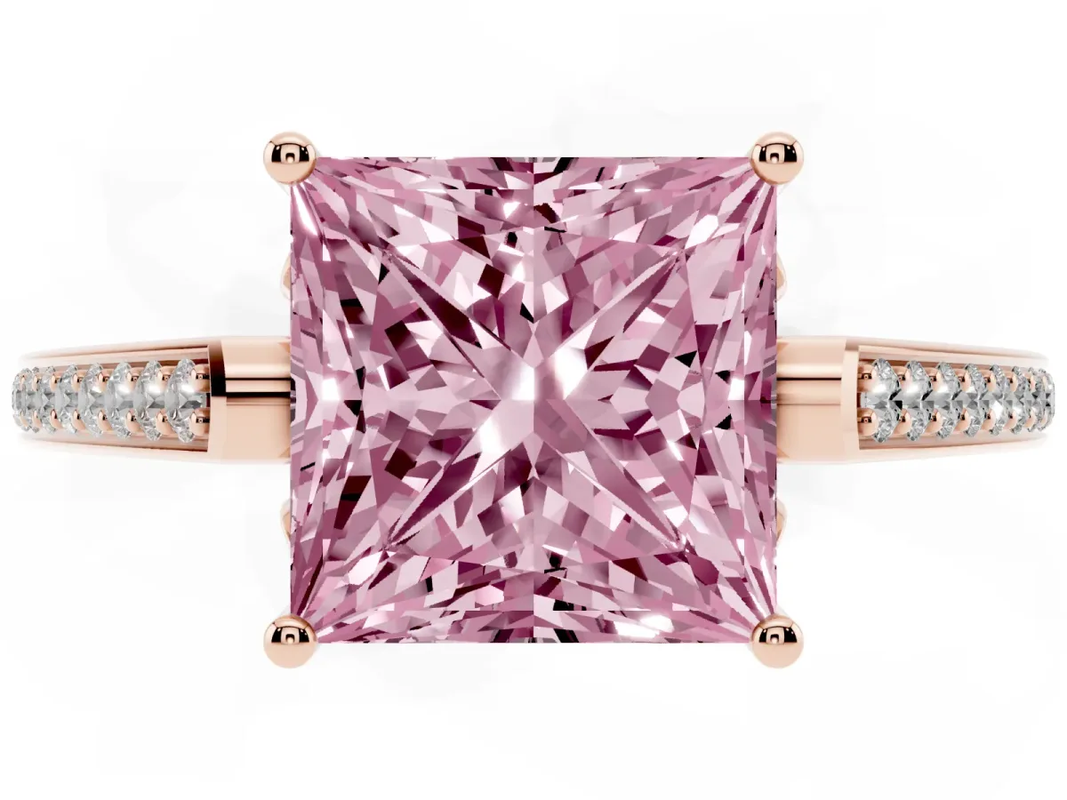 Fancy Pink Princess Cut Cut Cathedral Pave Diamond Engagement Ring with Six-Prong Setting Rose gold