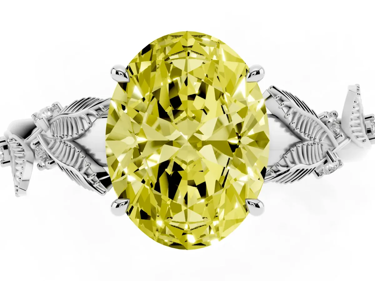 Fancy Yellow Oval Cut Diamond Solitaire Ring with Leaf Motif Band and Four-Prong Setting Silver