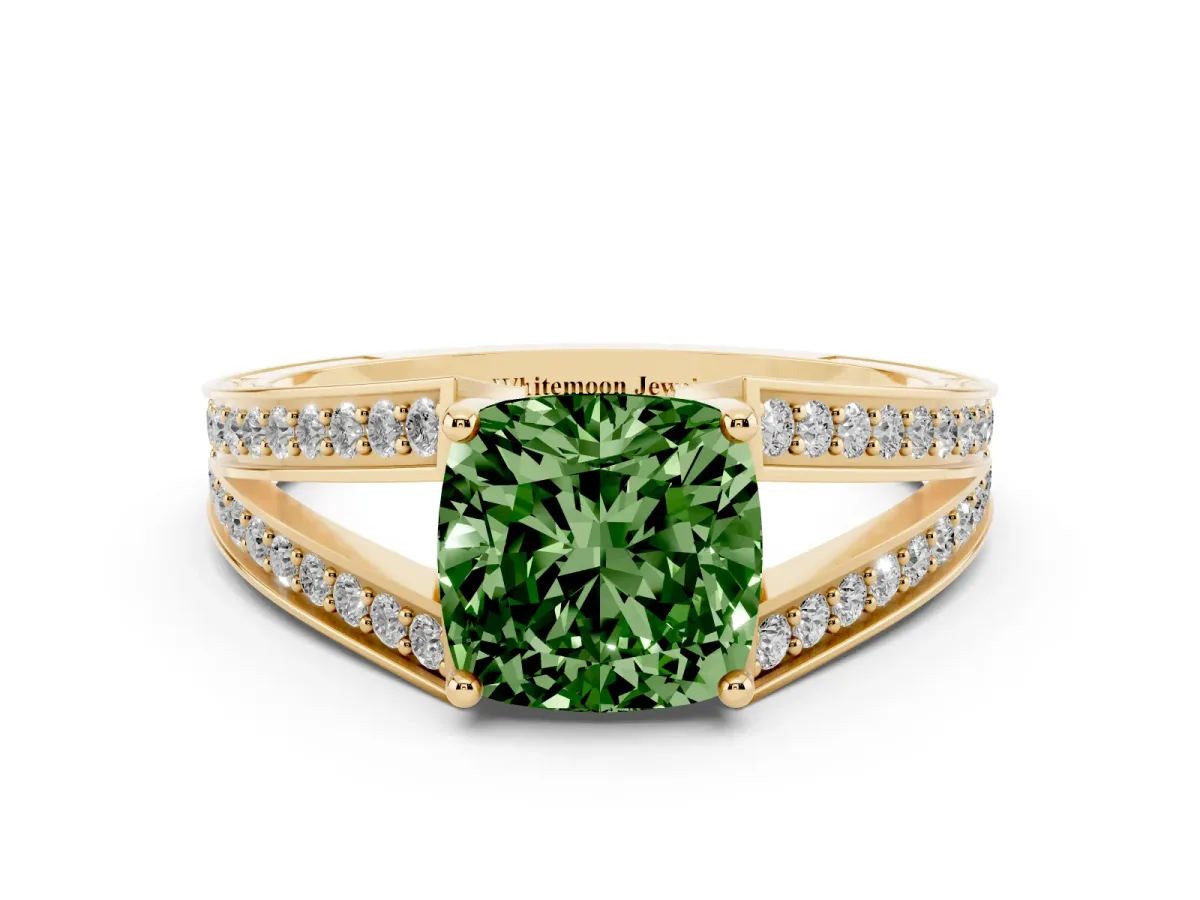 Fancy Green Cushion Cut Diamond Split Shank Ring with Pavé Band and Four-Prong Setting Yellow gold