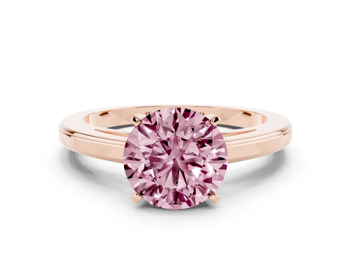 Fancy Pink Round Cut Solitaire Diamond Ring with Four-Prong Setting and Classic Band Rose gold