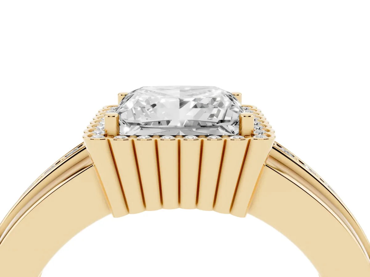 Princess Cut Cut Halo Pave Band Four-Prong Ring Yellow gold