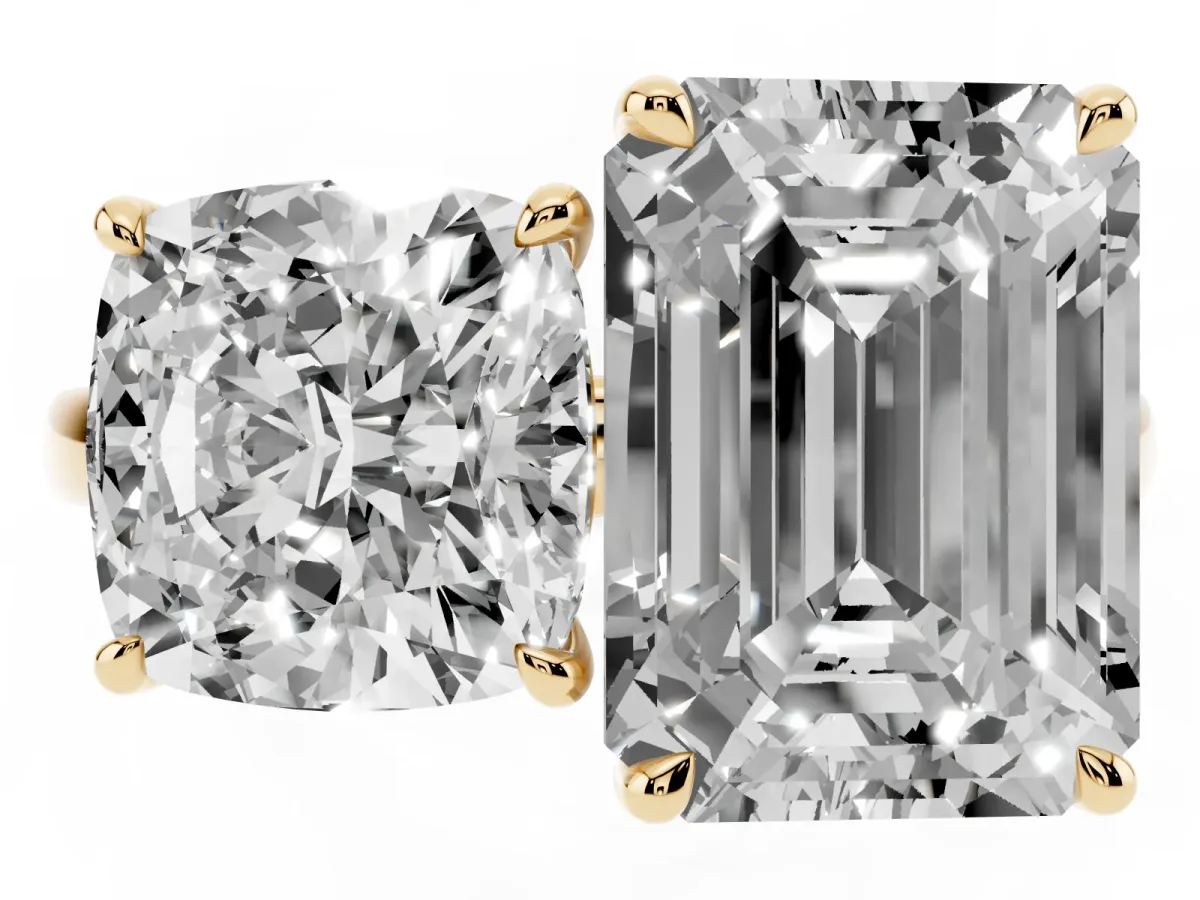 Cushion Cut and Emerald Cut Toi Moi Ring with Prong Setting Yellow gold