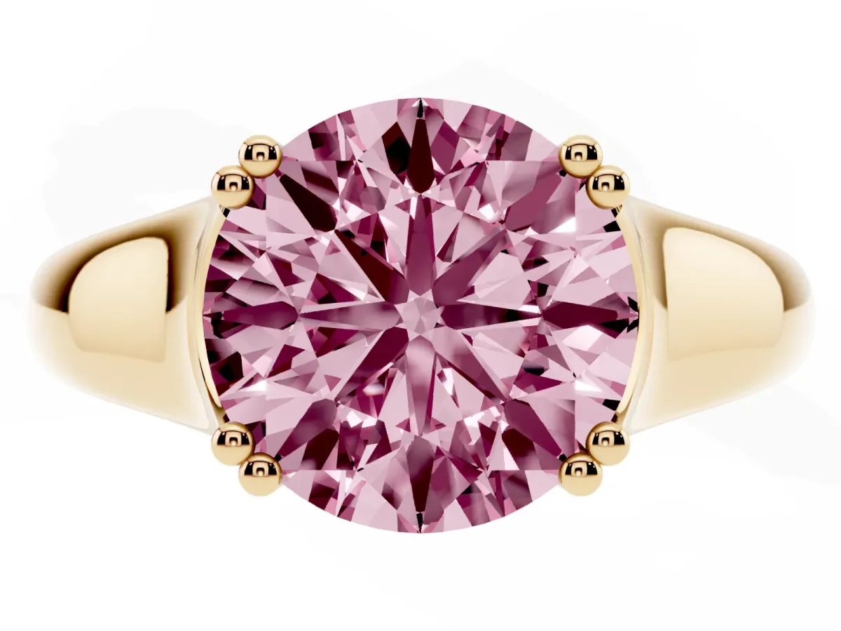 Fancy Pink Round Cut Diamond Solitaire Ring with Wide Band and Prong Setting Yellow gold